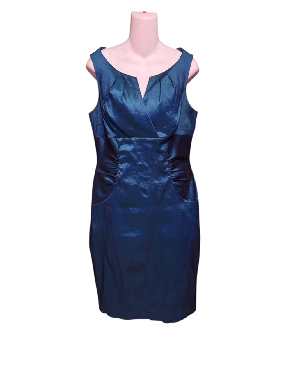 Sleeveless Bright Teal Sheen V-Neck Sheath Dress from London Times, Sz 12, EUC